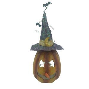Halloween Jack-O-Lantern Pumpkin  Tea Light Candle Holder Witch Hat Bats Ceramic